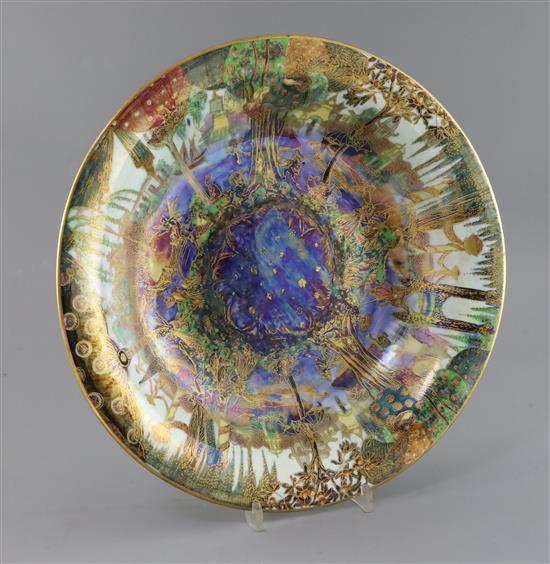 A Wedgwood Fairyland Lustre Fairy Gondola pattern Lily Tray, c.1925, designed by Daisy Makeig-Jones, D. 33cm chip to rim